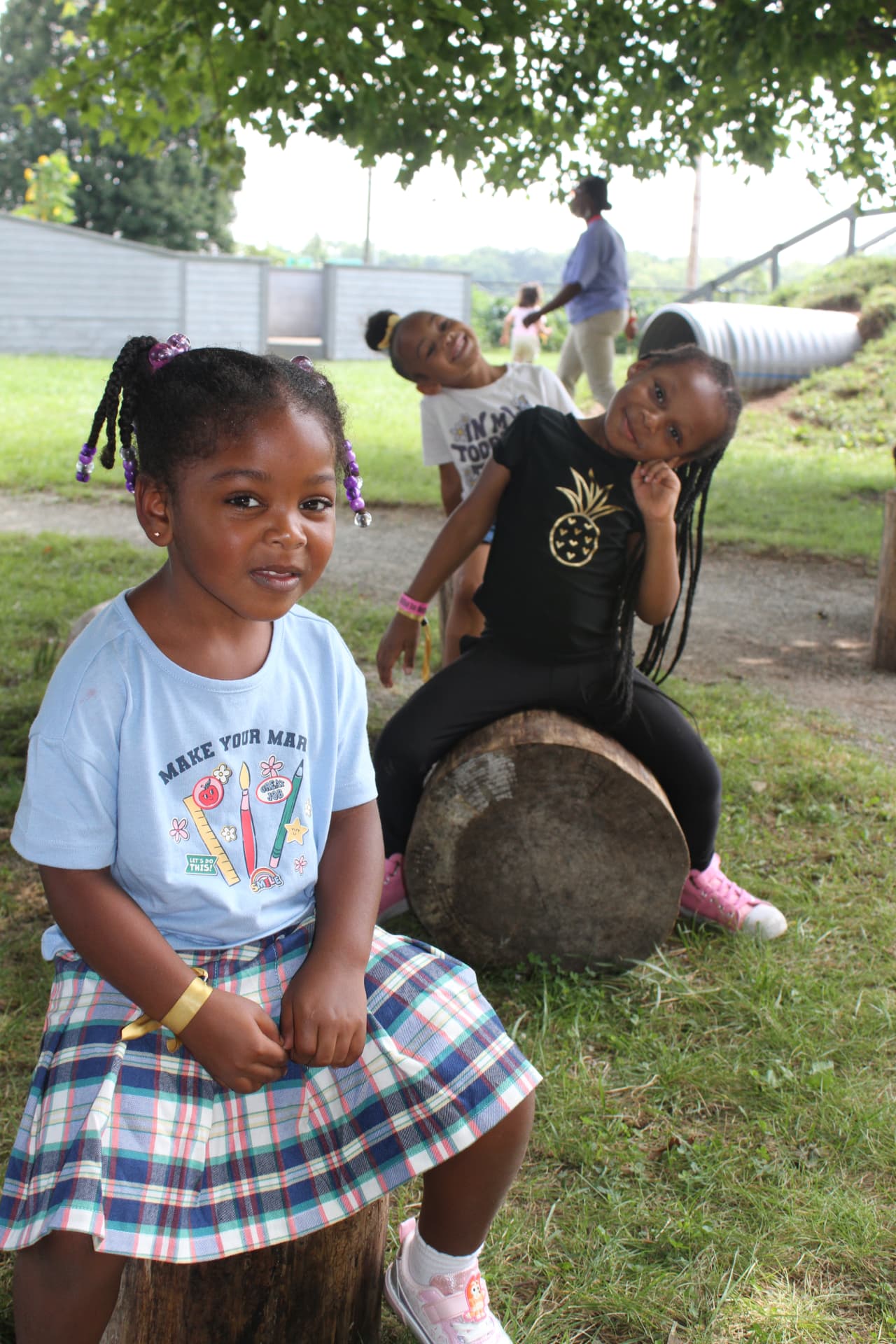 Friends resting on tree stumps in the shade